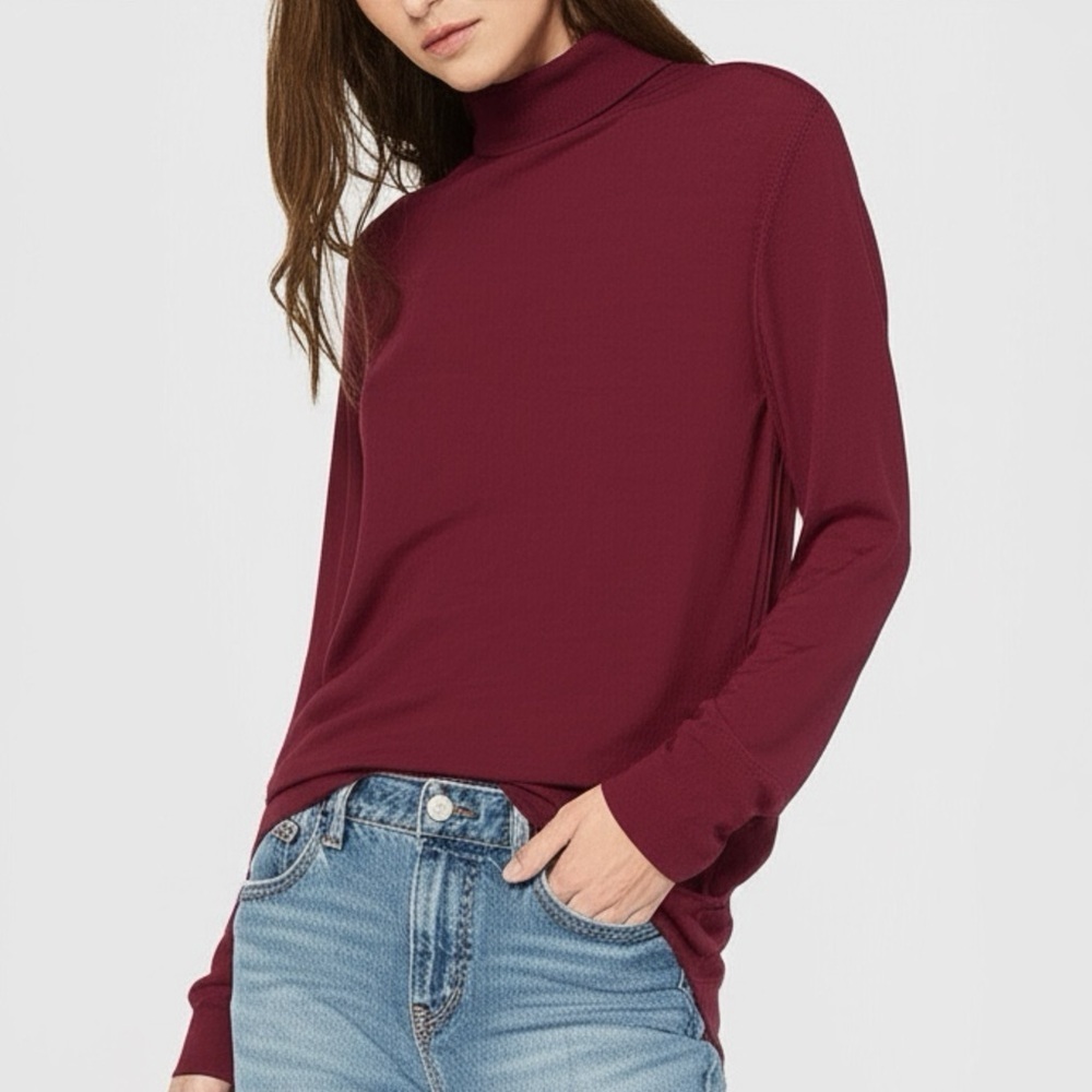 ANN TAYLOR Plum Blouse Button Mock Neck Long Sleeve Classic Blouse Medium